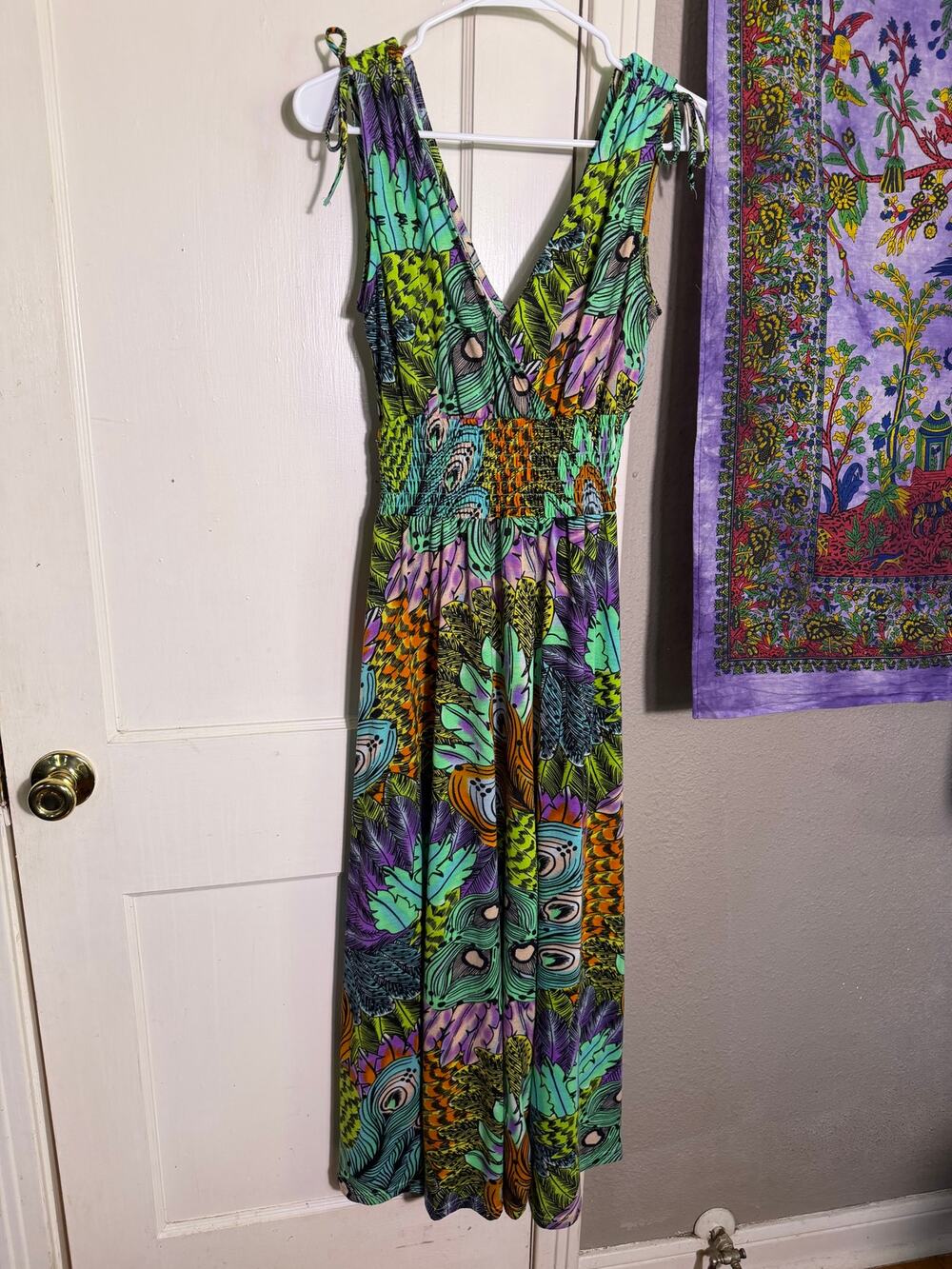 Just Love Peacock Feather Maxi Dress Boho Tropical Ruched Tie Shoulder - Medium